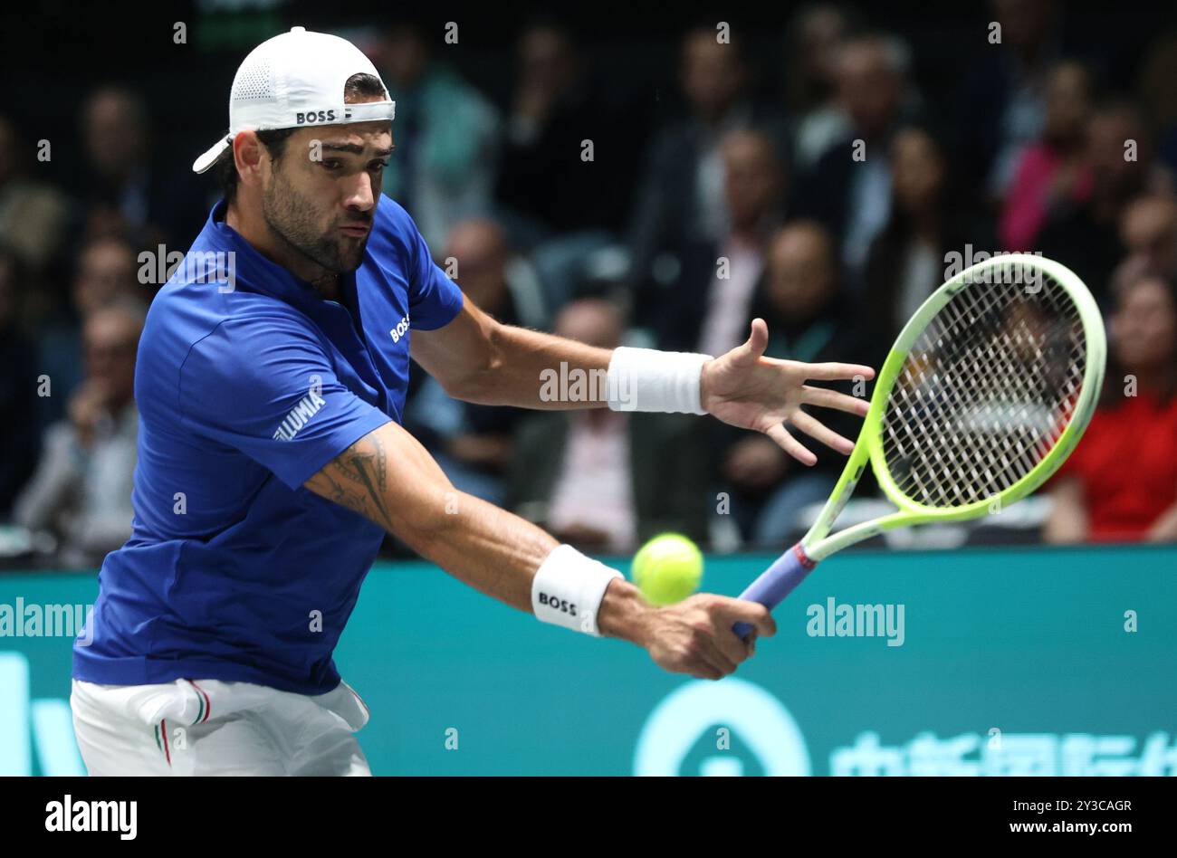 Bologna, Italia. 13 settembre 2024. Matteo Berrettini durante la finale di Coppa Davis di tennis 8 tra Matteo Berrettini (Italia) e Alexander Blockx (Belgio) presso l'arena Unipol, Casalecchio (Bologna), Bologna, Italia settentrionale, venerdì, 13 settembre 2024. Sport - Tennis - (foto Michele Nucci credito: LaPresse/Alamy Live News Foto Stock