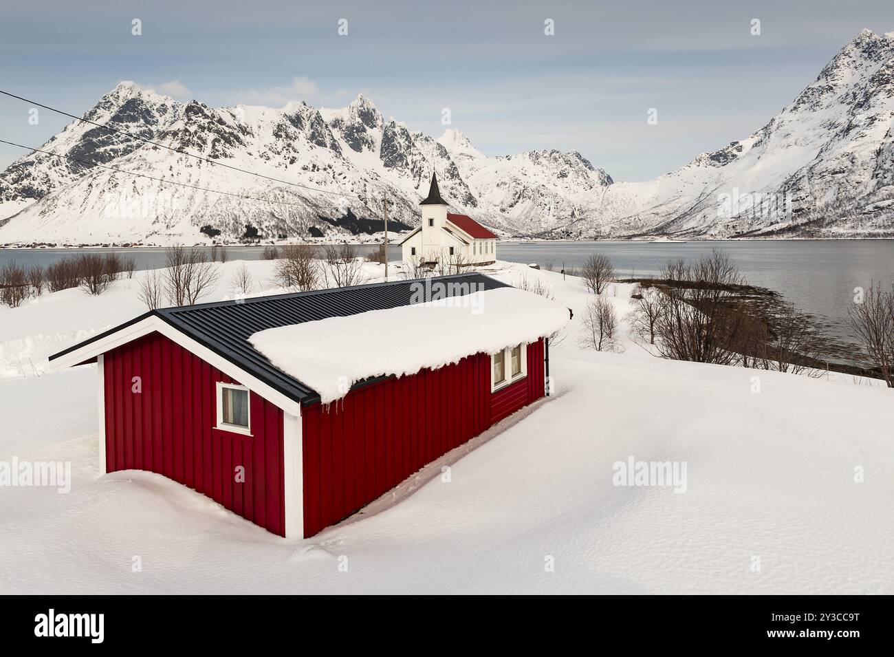 Sildpollnes Church in Winter, Sildpollneset Peninsula, Austvagoya, Lofoten, Norvegia, Europa Foto Stock