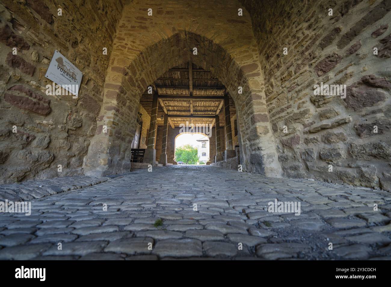 Vista dal basso attraverso l'arco in pietra con ciottoli, i monti Harz, la Germania, l'Europa Foto Stock