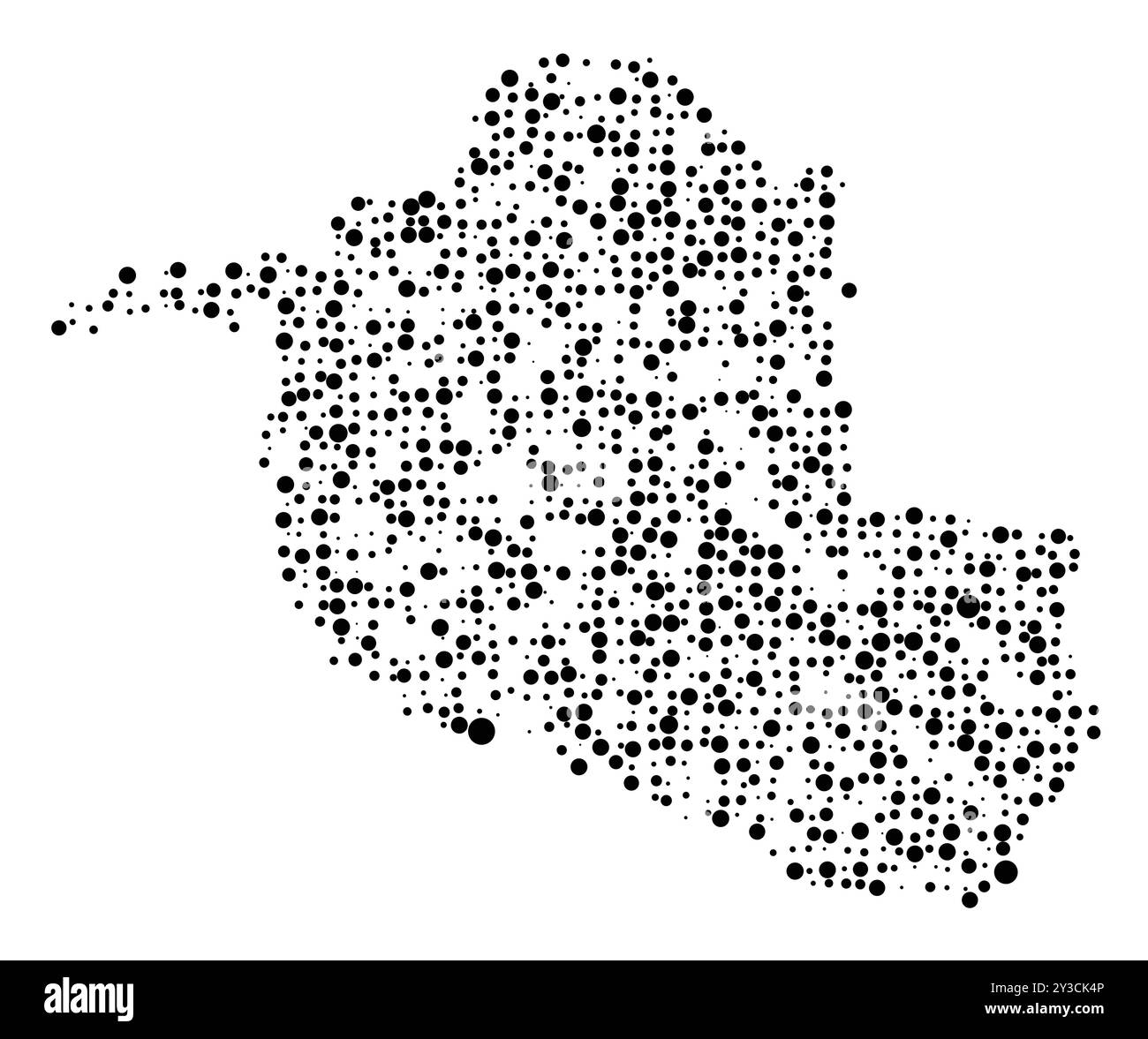Mappa dei simboli della Rondonia di Stato (Brasile) che mostra il territorio con un modello di cerchi neri distribuiti casualmente di diverse dimensioni Illustrazione Vettoriale