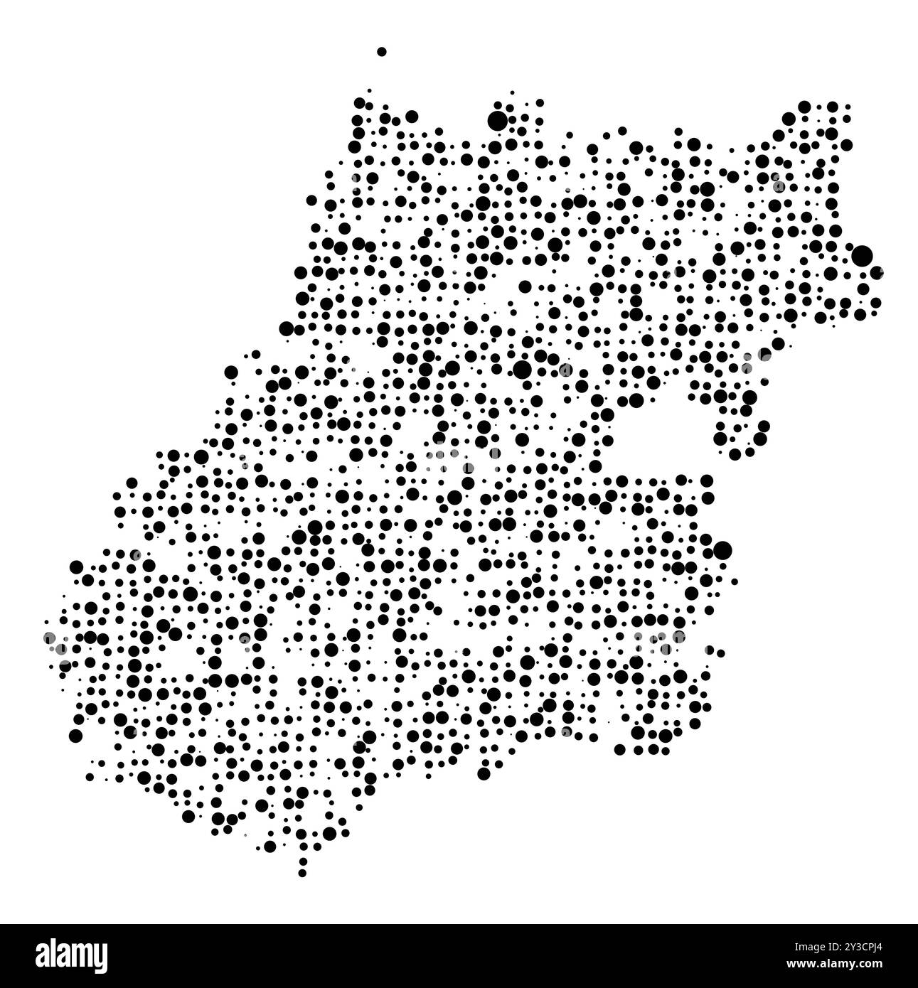 Mappa dei simboli dello Stato di Goias (Brasile) che mostra il territorio con un modello di cerchi neri distribuiti casualmente di diverse dimensioni Illustrazione Vettoriale