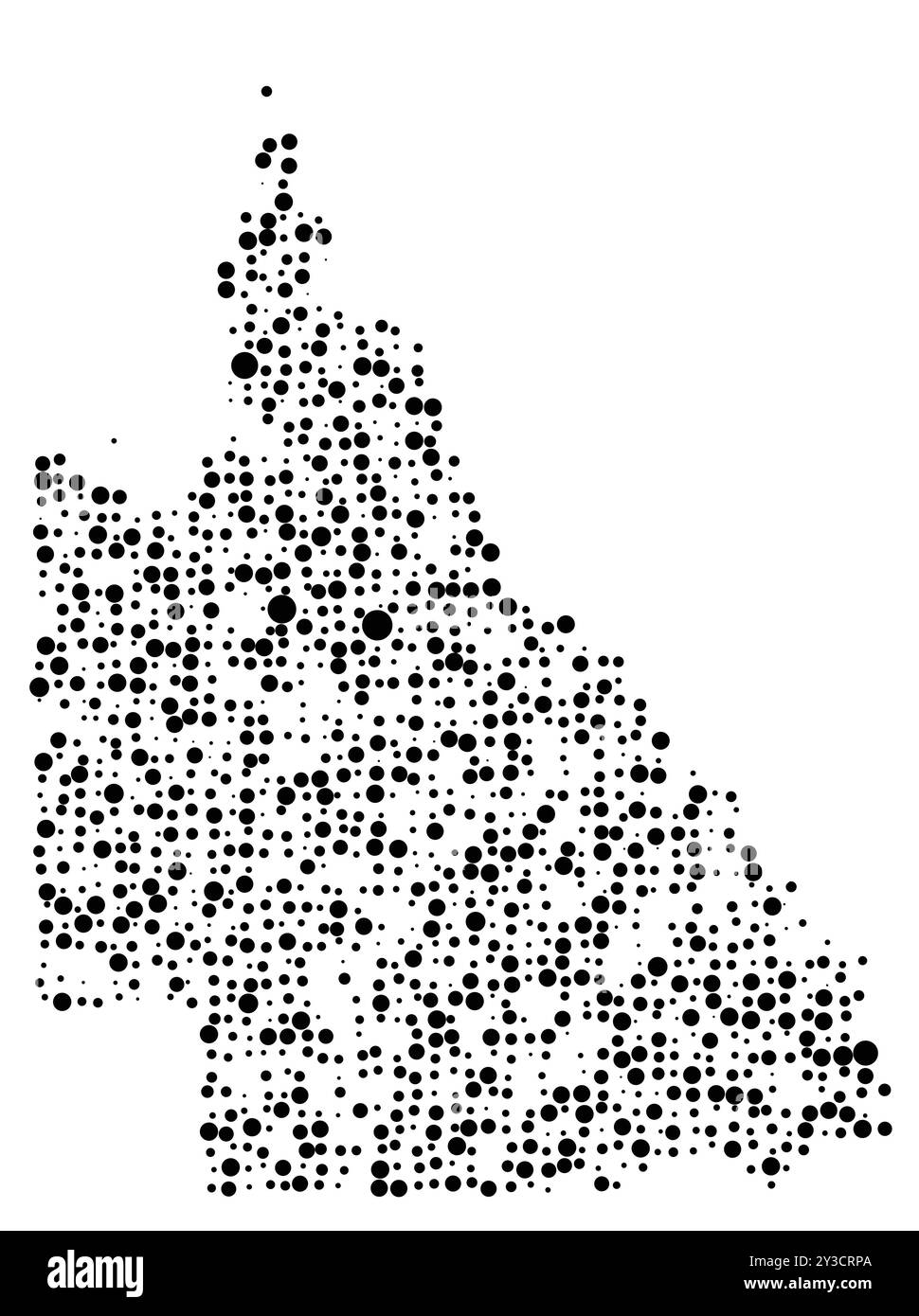 Mappa dei simboli dello Stato del Queensland (Australia) che mostra il territorio con un modello di cerchi neri distribuiti casualmente di diverse dimensioni Illustrazione Vettoriale