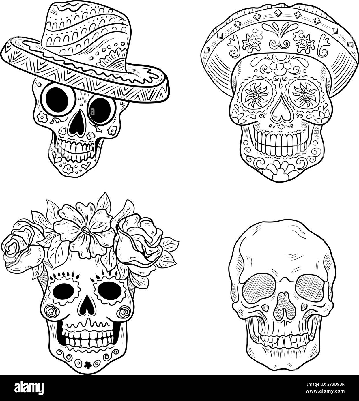 Set vettoriale di teschi di zucchero. Illustrazione di Cinco de Mayo disegnata a mano. Halloween Illustrazione Vettoriale