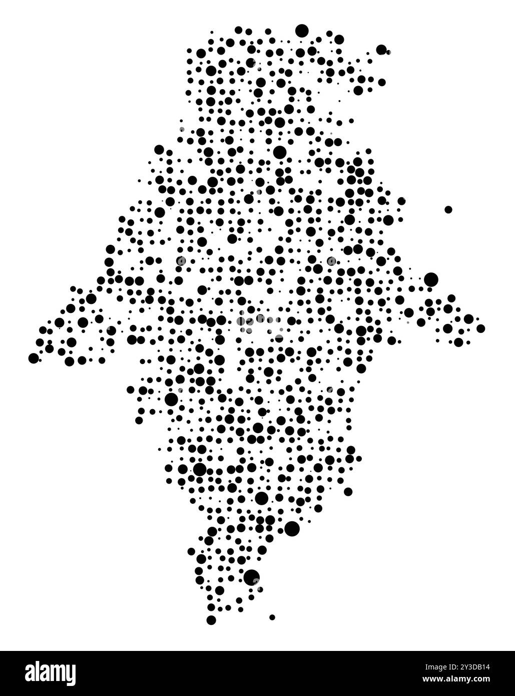 Mappa dei simboli della provincia di Kalimantan Timur (Indonesia) che mostra il territorio con un modello di cerchi neri distribuiti casualmente di diverse dimensioni Illustrazione Vettoriale