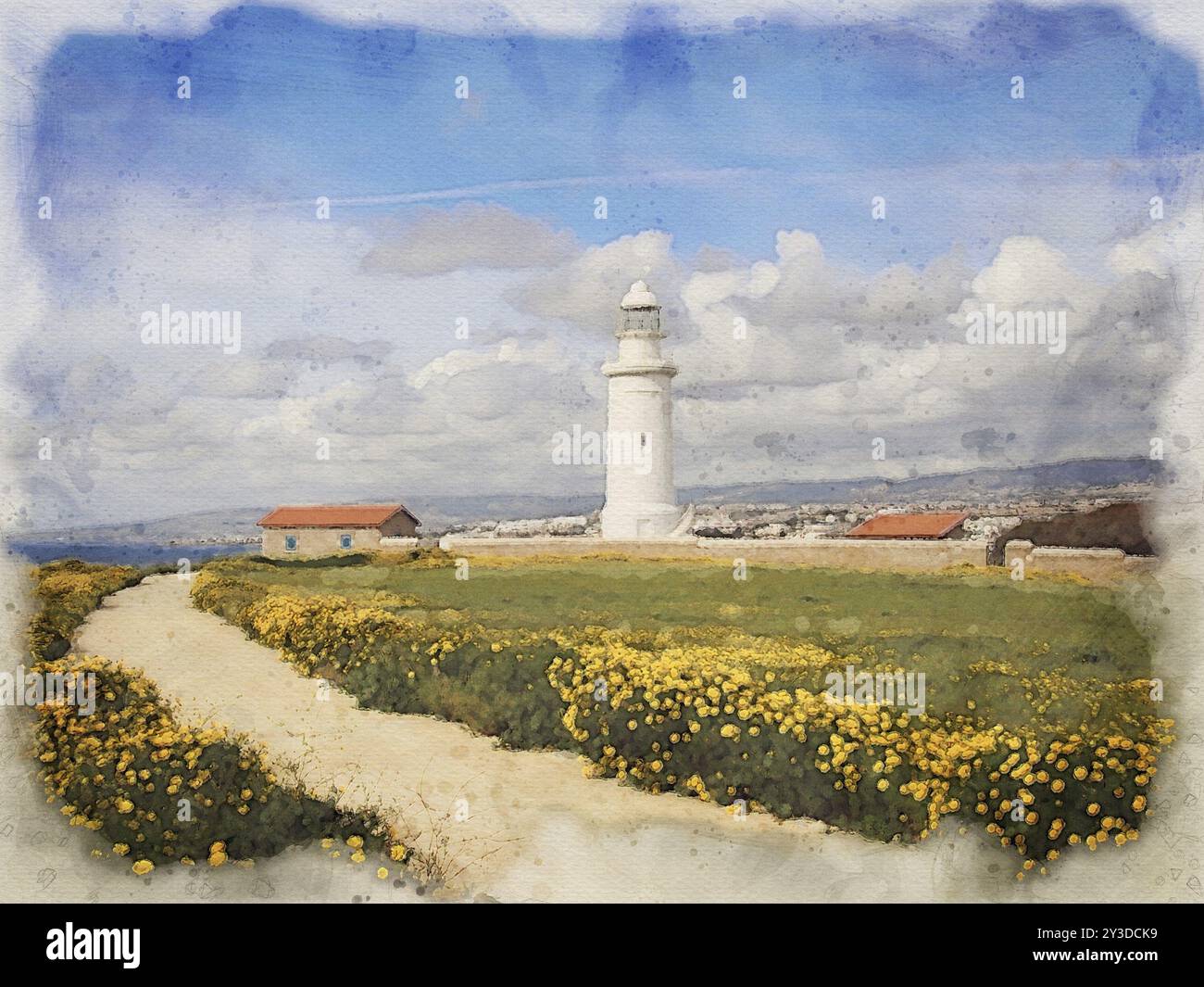 Pittura ad acquerello del faro a paphos cipro con fiori primaverili che crescono lungo un sentiero che conduce al mare con cielo blu e nuvole bianche Foto Stock