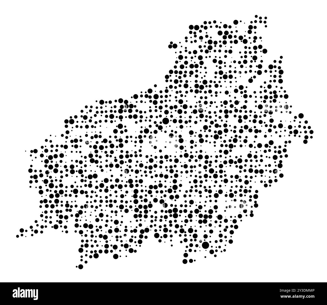 Mappa dei simboli della provincia Kalimantan Tengah (Indonesia) che mostra il territorio con un modello di cerchi neri distribuiti casualmente di diverse dimensioni Illustrazione Vettoriale