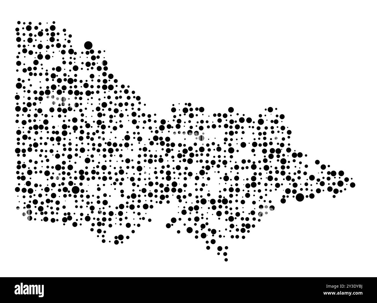 Mappa dei simboli dello Stato Victoria (Australia) che mostra il territorio con un modello di cerchi neri distribuiti casualmente di diverse dimensioni Illustrazione Vettoriale