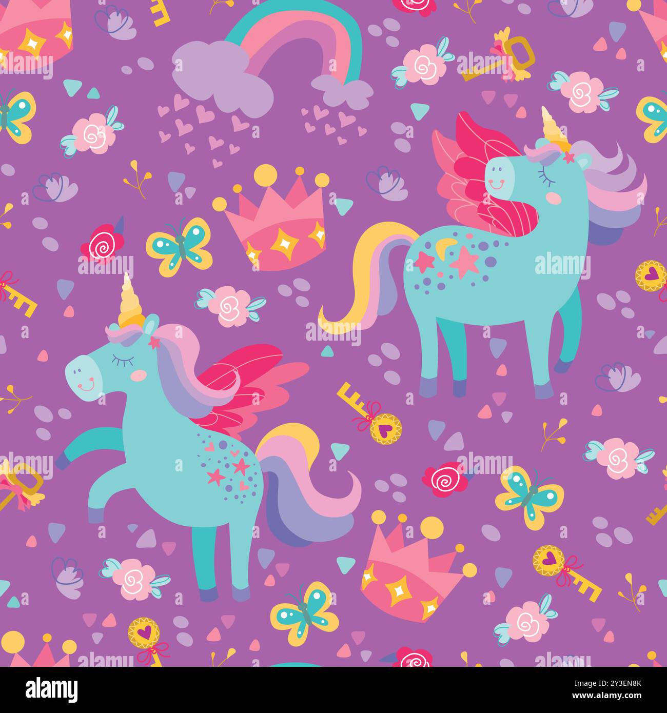 Il magico motivo unicorno dei bambini. Grazioso ornamento senza cuciture disegnato a mano con unicorni, arcobaleno e stelle. Texture vettoriale per biancheria da letto per bambini, tessuto, carta da parati, Illustrazione Vettoriale