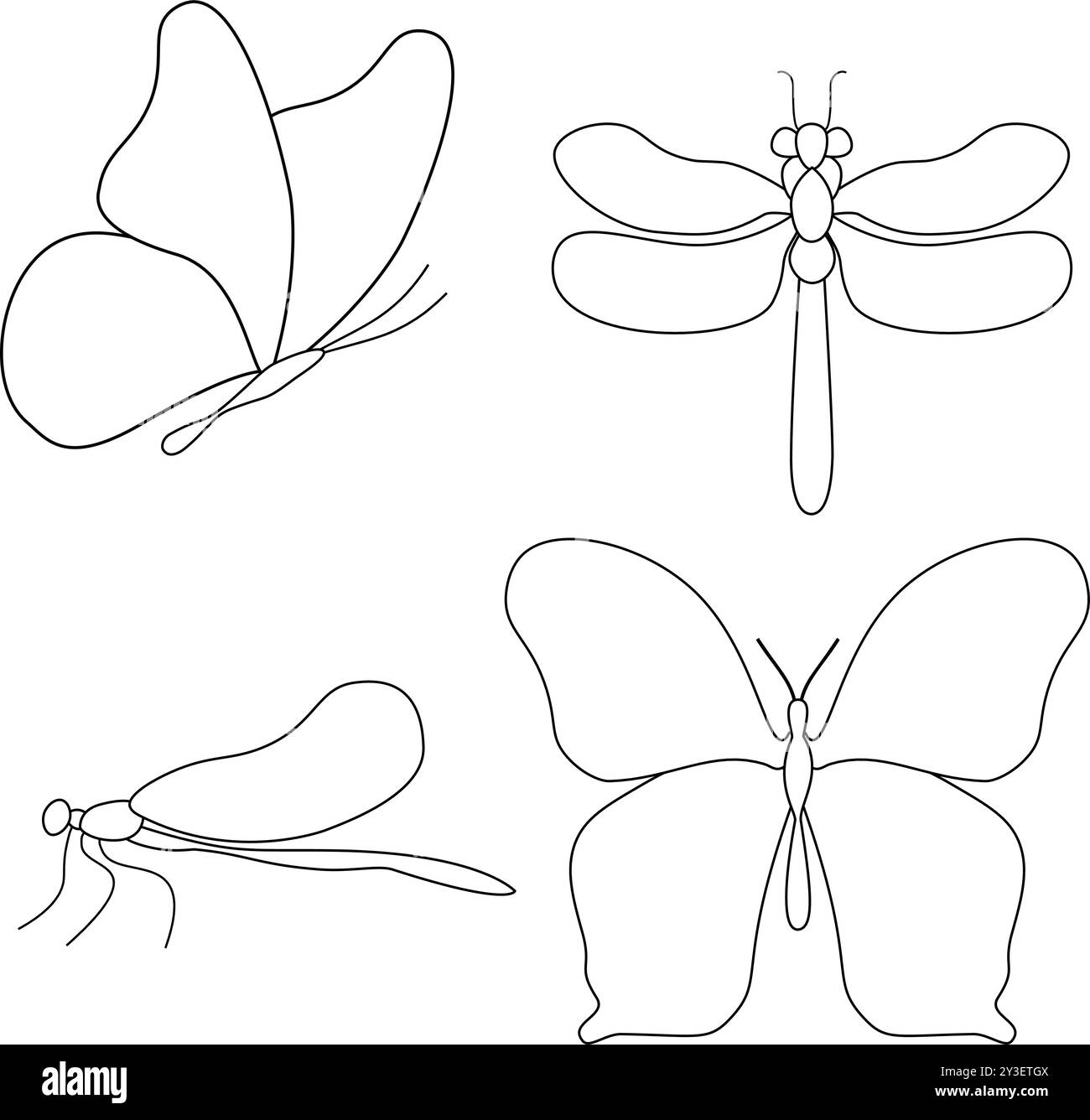 Set di libellule e farfalle stilizzate. Collezione di libellule volanti lineari e farfalle. Illustrazione vettoriale di su sfondo bianco. Illustrazione Vettoriale