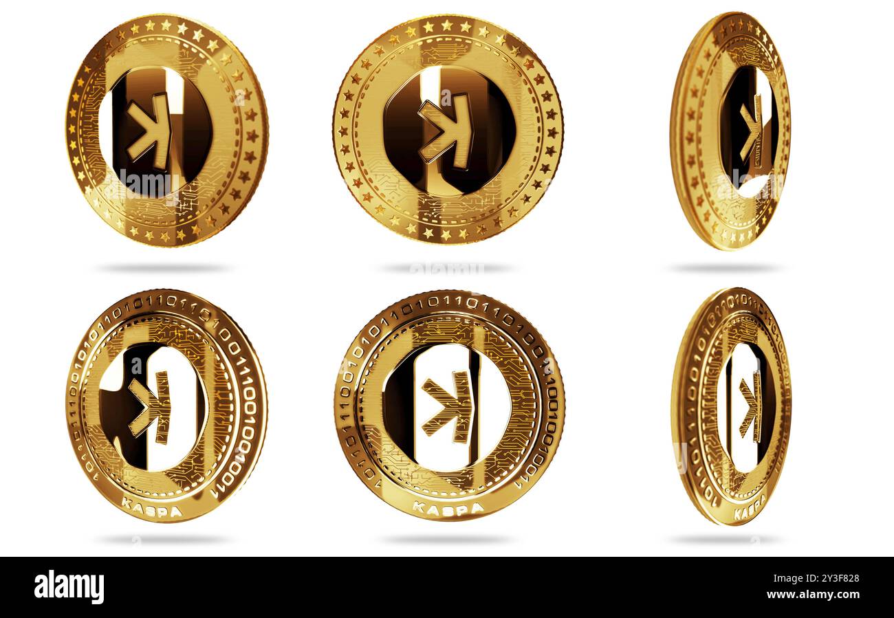 Poznan, Polonia, 1 settembre 2024: La criptovaluta Kaspa KAS ha isolato la moneta d'oro su sfondo verde. Illustrazione 3d del concetto astratto. Foto Stock