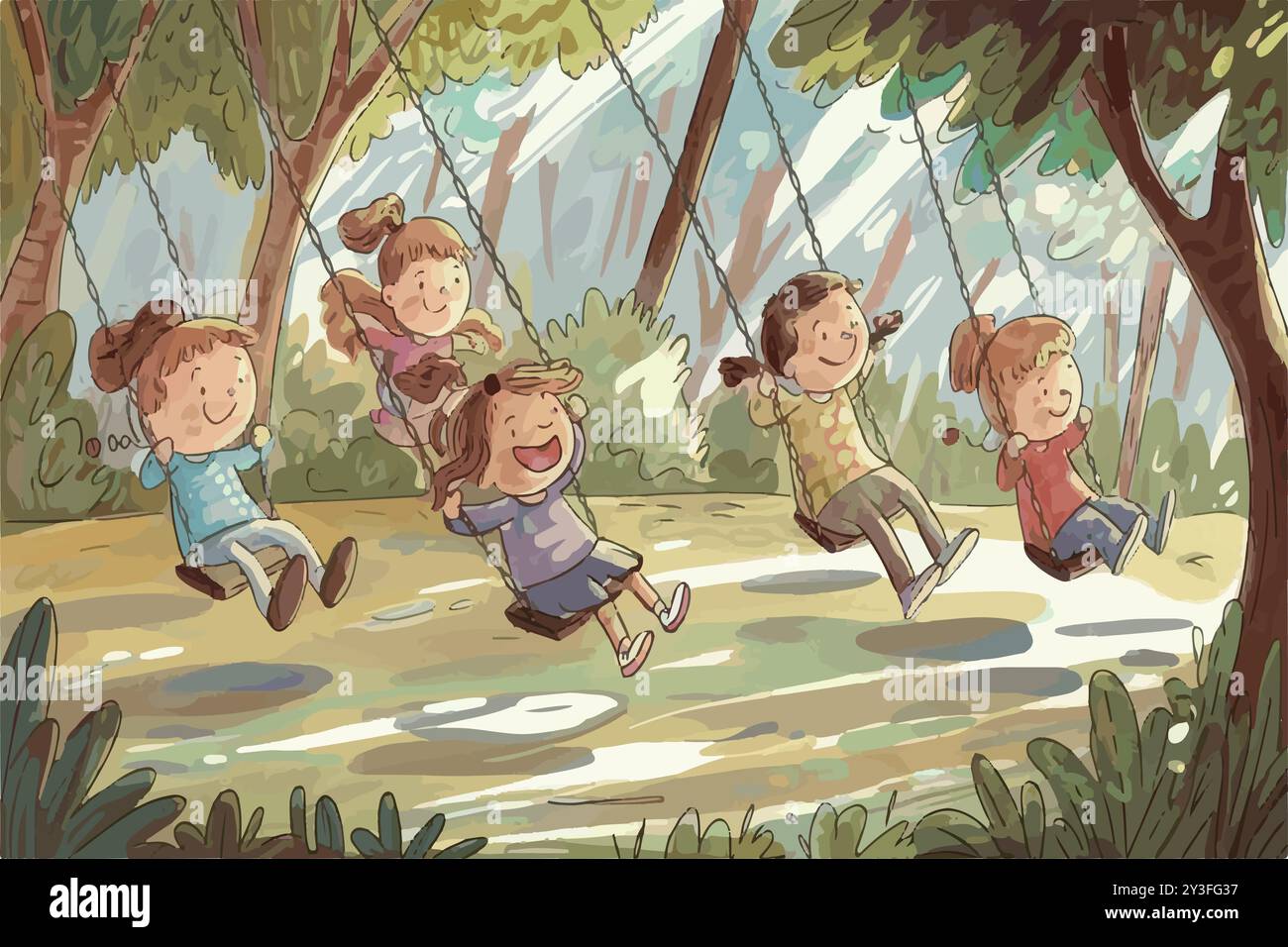 Un momento emozionante di bambini che giocano in un parco, con espressioni gioiose, oscillazioni in movimento e luce del sole che scorre attraverso gli alberi. Illustrazione Vettoriale