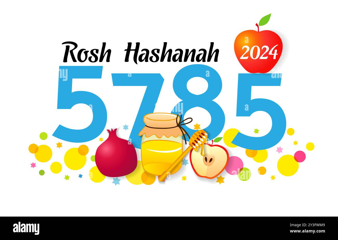 Buon Rosh Hashanah 5785, biglietto di auguri di 2024 anni. Poster Shana Tova con melograno, miele e mela. Festeggia il Capodanno ebraico con gioia e calore Illustrazione Vettoriale