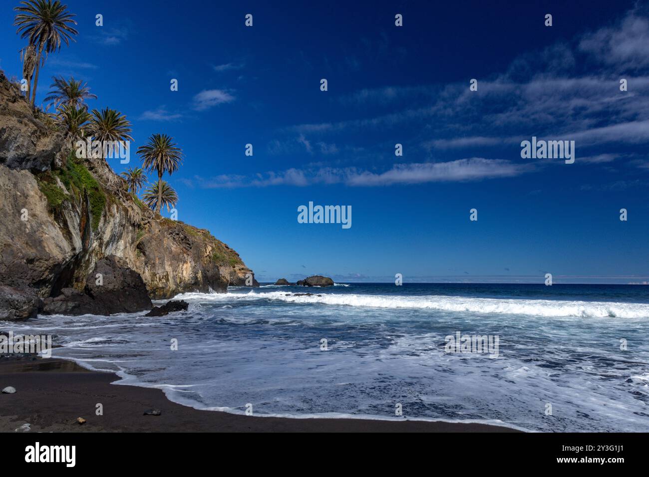 Spiaggia con sabbia vulcanica nera, palme verdi sul pendio, onde pericolose, Oceano Atlantico, spiaggia Castro Playa Castro Teneriffe Spagna Foto Stock