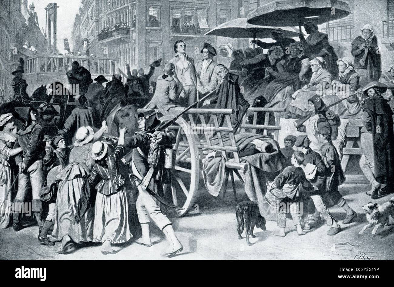 GIRONDISTI SULLA STRADA PER LA GHIGLIOTTINA.—la didascalia dei primi anni '1900 recita: "Il famoso artista Piloty ha qui presentato a noi tutti i pathos mescolati e la tragedia della Rivoluzione francese. I Girondisti o repubblicani moderati erano i veri eroi del movimento, ma furono accusati dai loro rivali anarchici di essere traditori della Francia, e tutti i loro leader furono giustiziati. Vediamo gli eroi guidati per le strade di Parigi (fino alla terribile ghigliottina che incombe in lontananza. Le donne anziane ridono e ridono, ma con la calma e le alte facce il passo dei Girondisti Foto Stock