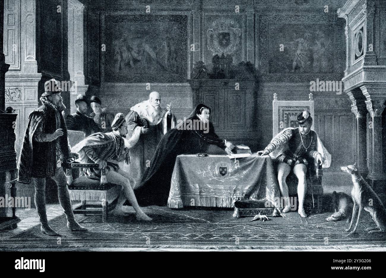 CARLO IX, FIRMANDO L'ORDINE PER IL MASSACRO DI SAN BARTOLOMEO. — La didascalia dei primi anni '1900 recita: "Il povero e debole re Carlo sembrava appoggiarsi ai protestanti francesi. La sua terribile madre, Catarina di Medici, sentendo il suo potere in pericolo, costrinse suo figlio a scegliere tra lei e i suoi nuovi amici, insistette affinché firmasse un ordine per il massacro di tutti i protestanti. Vediamo tremare il debole sciocco; sua madre, il Duca di Guisa, e tutta la loro parte lo sollecitano; egli firma e dà il suo nome all'eterna infamia." Il massacro degli ugonotti francesi (protestanti) a Parigi il 24/25 agosto 1572, olp Foto Stock