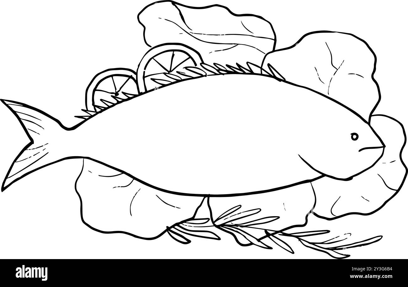 illustrazione disegnata a mano di pesci con limone, illustrazione di pesci grigliati Illustrazione Vettoriale
