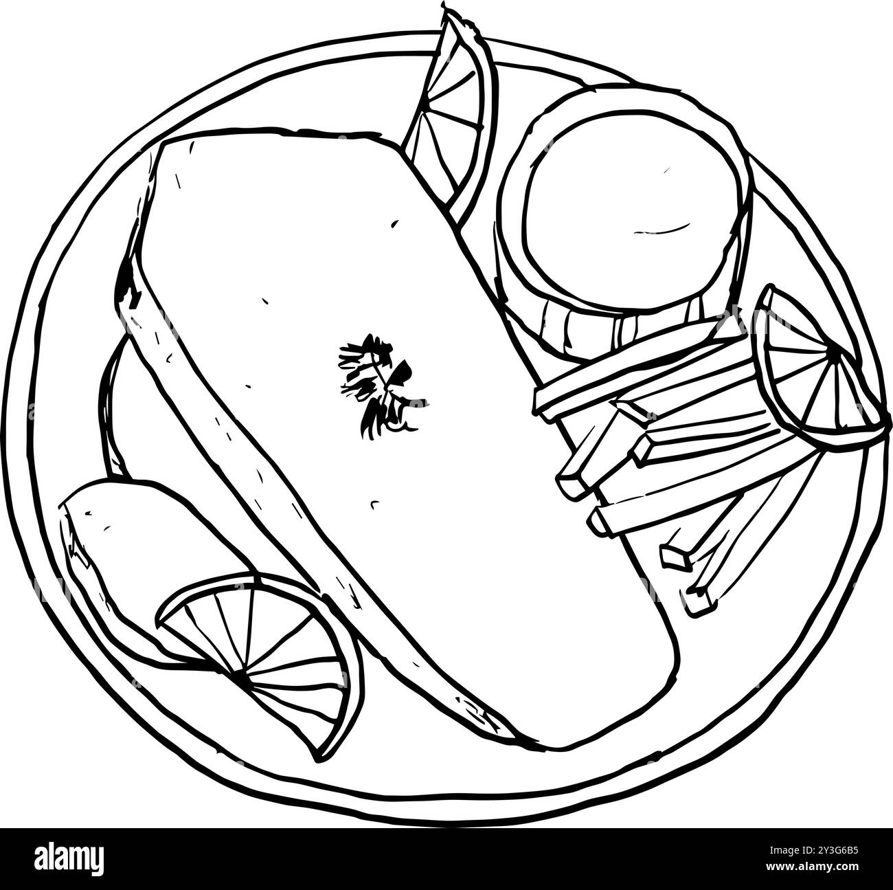 e illustrazioni di fish and chips, fish and chips con limone Illustrazione Vettoriale