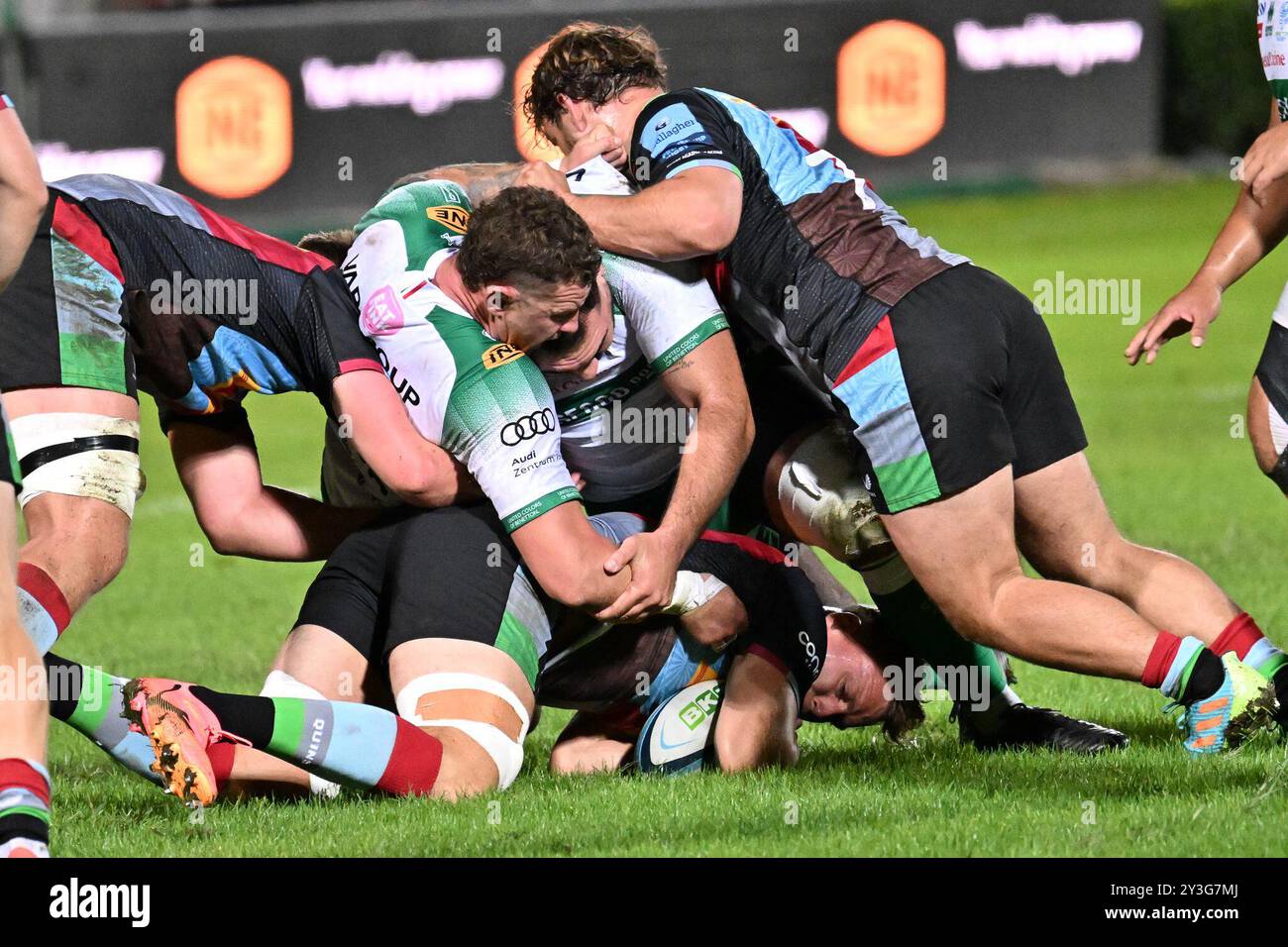 Azioni del gioco e immagini dei giocatori durante la partita tra Benetton Rugby e Harlequins FC allo Stadio Monigo, TrevisoÂ 13 settembre 2024 durante Benetton Rugby vs Harlequins FC, Rugby test match a Treviso, 13 settembre 2024 Foto Stock