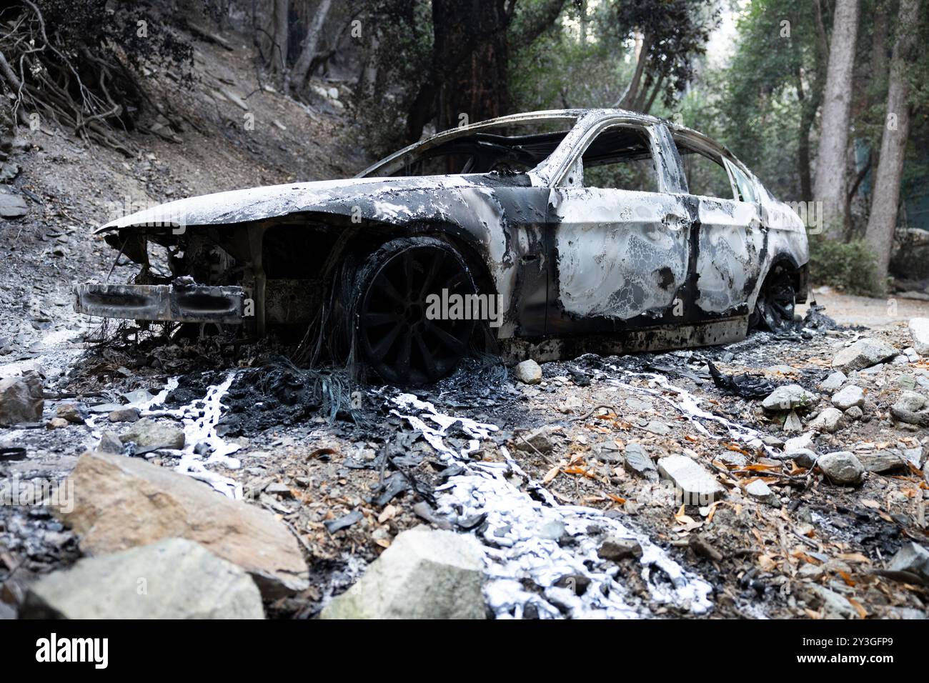 Mount Baldy, Stati Uniti. 12 settembre 2024. Un'auto bruciata si trova vicino a dove almeno una dozzina di case sono state bruciate dall'incendio del ponte a Mount Baldy, California, giovedì 12 settembre 2024. L'incendio e' contenuto al tre percento. (Foto di Caylo Seals/Sipa USA) credito: SIPA USA/Alamy Live News Foto Stock