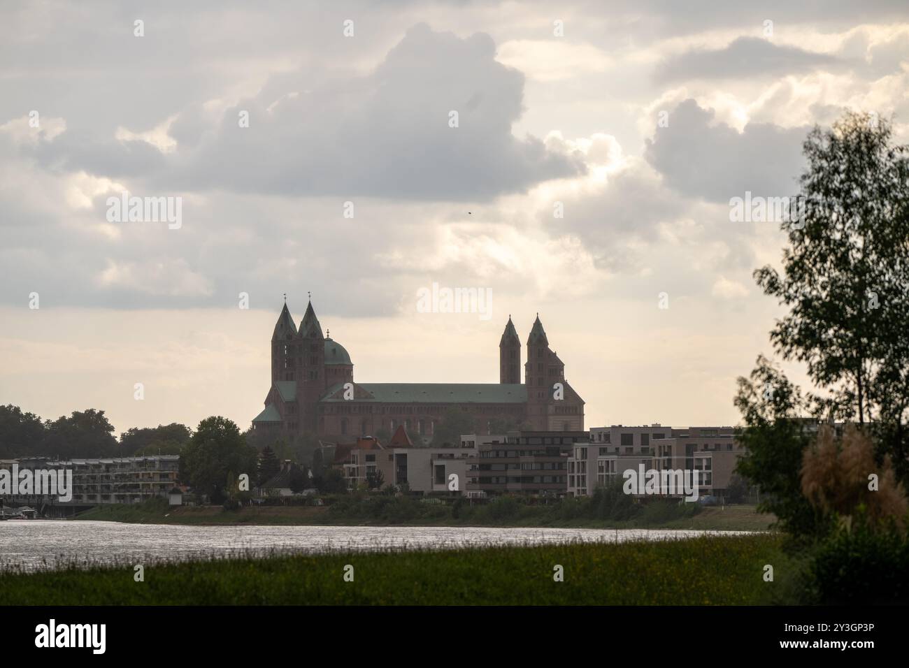Deutschland, Rheinland-Pfalz, Speyer, 13.09.2024. Der Kaiserdom in Speyer erhebt sich beeindruckend hinter modernen Wohngebaeuden, waehrend der Rhein Foto Stock