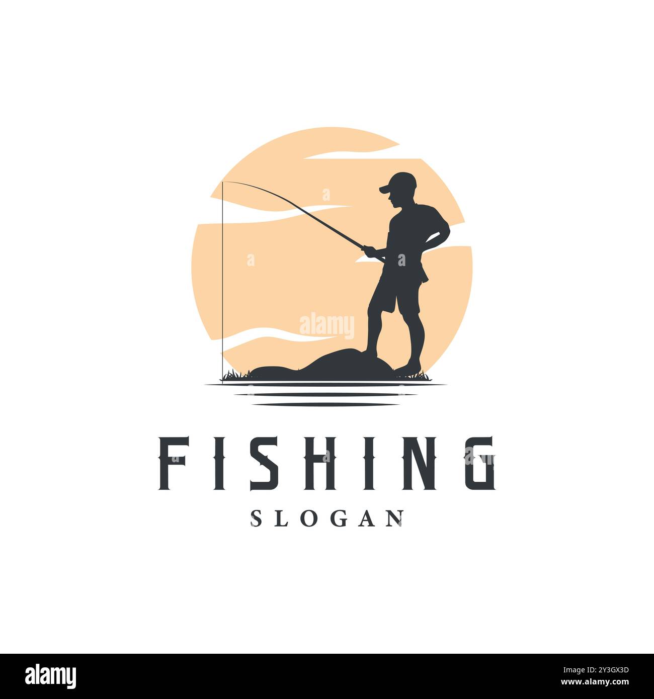 Design del logo pesca silhouette del pescatore fluviale con modello di illustrazione del gancio Illustrazione Vettoriale