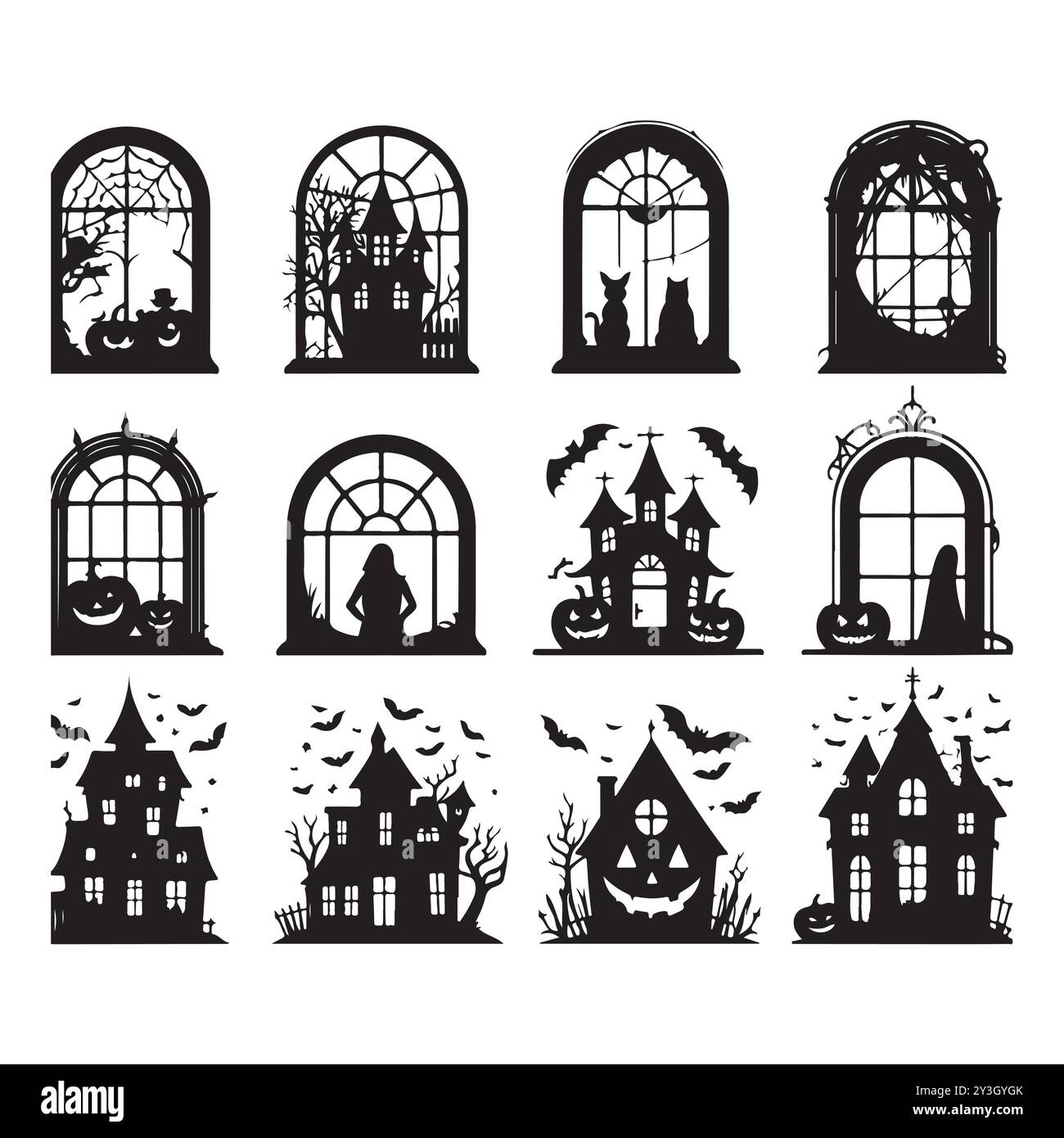 Set di sagome delle finestre di Halloween isolate su sfondo bianco, illustrazione vettoriale. Illustrazione Vettoriale