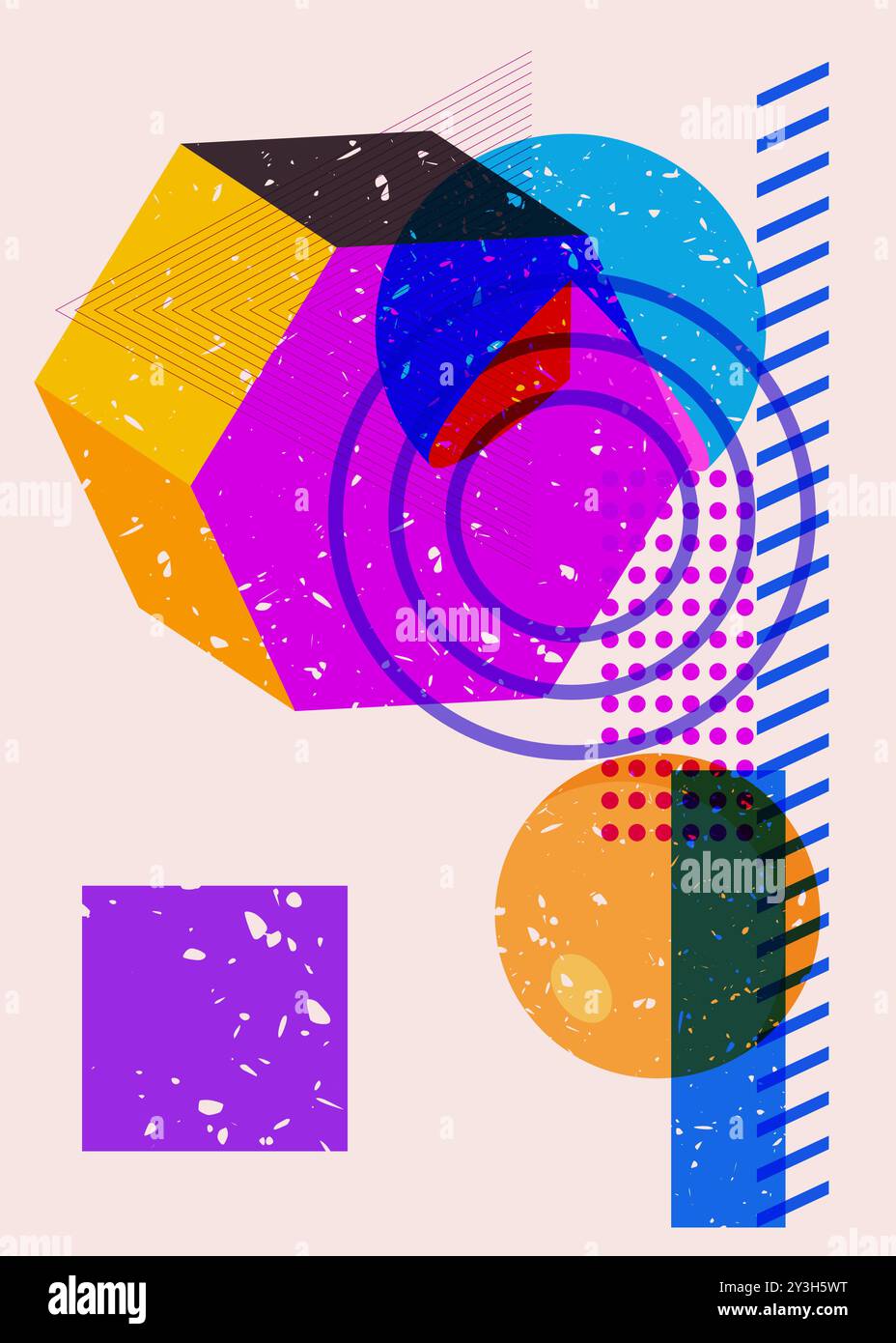 Forme geometriche colorate. Oggetto dal design grafico riso alla moda. Elementi geometrici astratti stile texture stampa risografia. Illustrazione Vettoriale