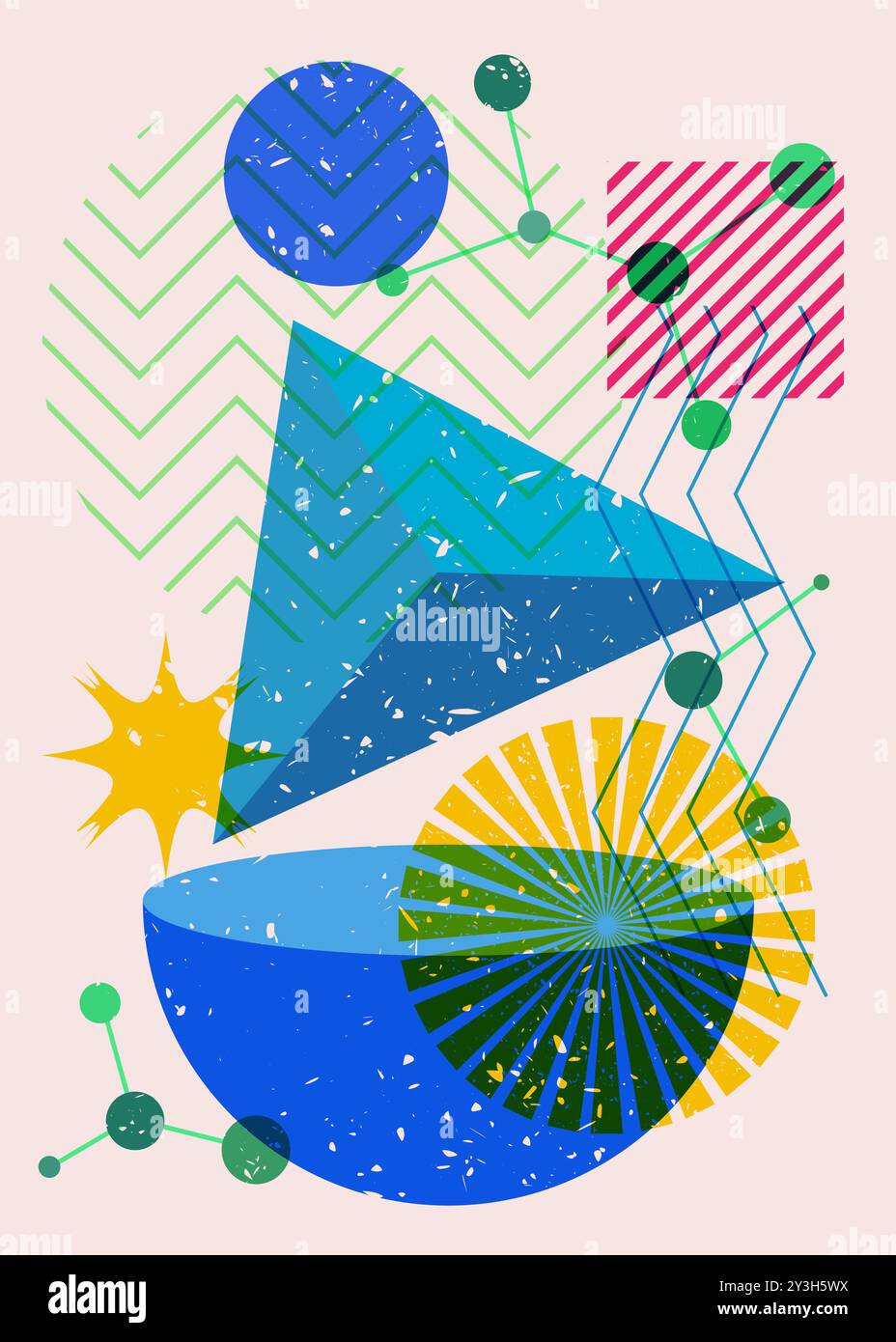 Forme geometriche colorate. Oggetto dal design grafico riso alla moda. Elementi geometrici astratti stile texture stampa risografia. Illustrazione Vettoriale