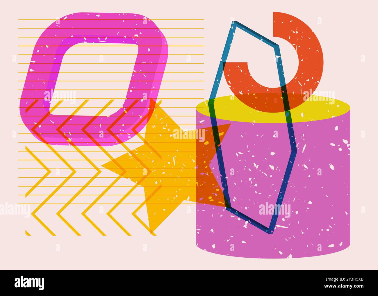 Forme geometriche colorate. Oggetto dal design grafico riso alla moda. Elementi geometrici astratti stile texture stampa risografia. Illustrazione Vettoriale