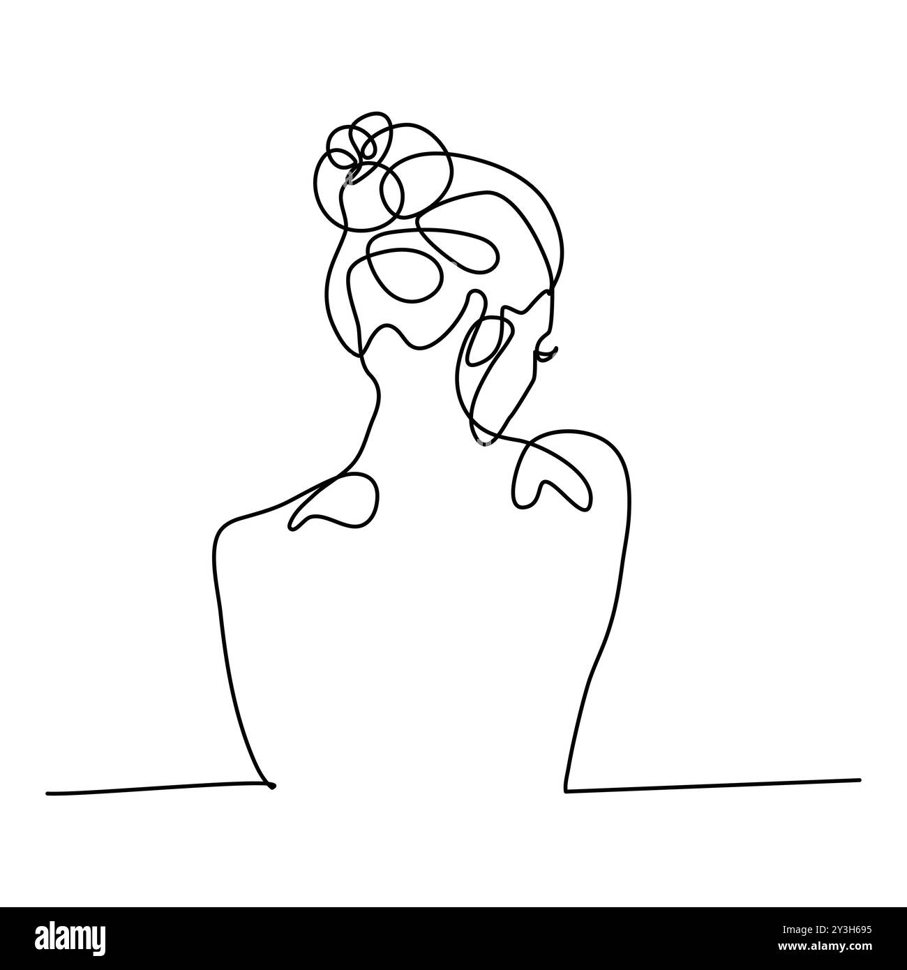 Disegno continuo del volto di una bella donna. Faccia femminile astratta in una riga. Donna viso con fiori Surreal Line art donna ragazza floreale. Min Illustrazione Vettoriale