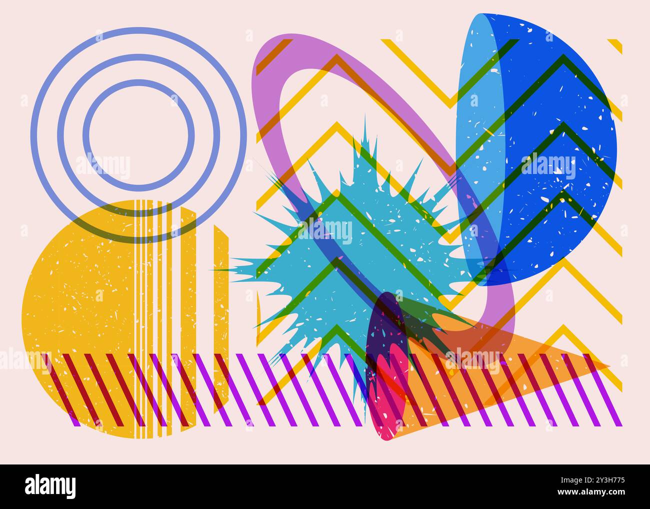 Forme geometriche colorate. Oggetto dal design grafico riso alla moda. Elementi geometrici astratti stile texture stampa risografia. Illustrazione Vettoriale