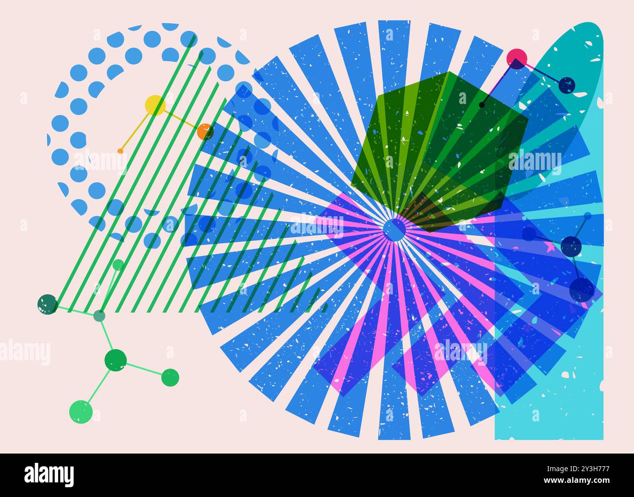 Forme geometriche colorate. Oggetto dal design grafico riso alla moda. Elementi geometrici astratti stile texture stampa risografia. Illustrazione Vettoriale