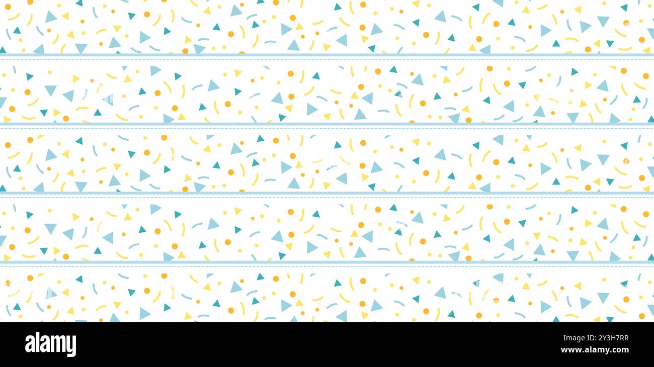 forma geometrica colorata motivo a righe blu e giallo con coriandoli a punti blu e gialli per carta da imballaggio, biglietti d'invito per la doccia del bambino Illustrazione Vettoriale