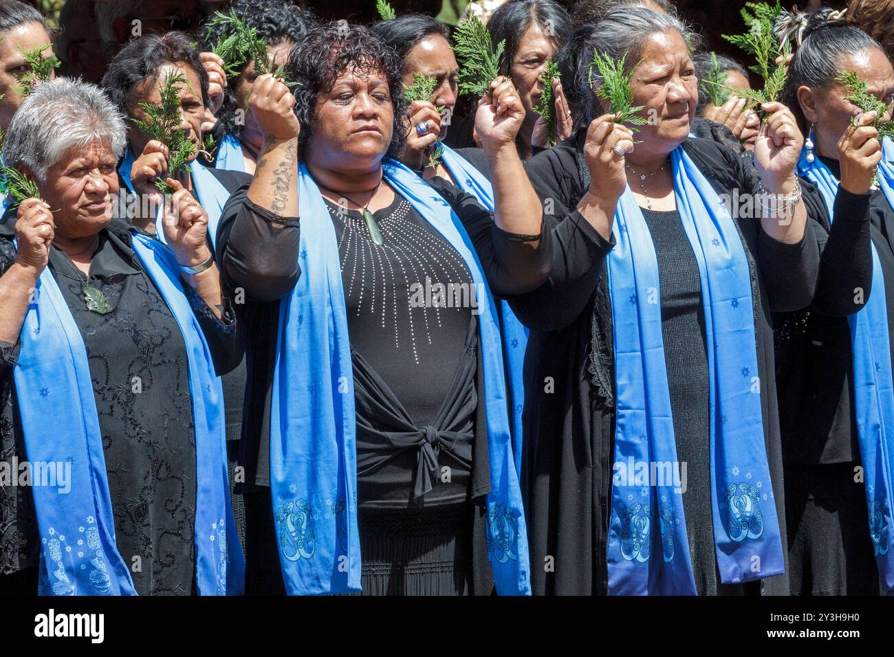 Le donne Maori cantano nei panni del Principe Carlo, Principe di Galles e Camilla, Duchessa di Cornovaglia ricevono un benvenuto cerimoniale "Powhiri" Maori all'arrivo a Turangawaewae Marae, Hamilton, nuova Zelanda, domenica 8 novembre, 2015. Foto Stock