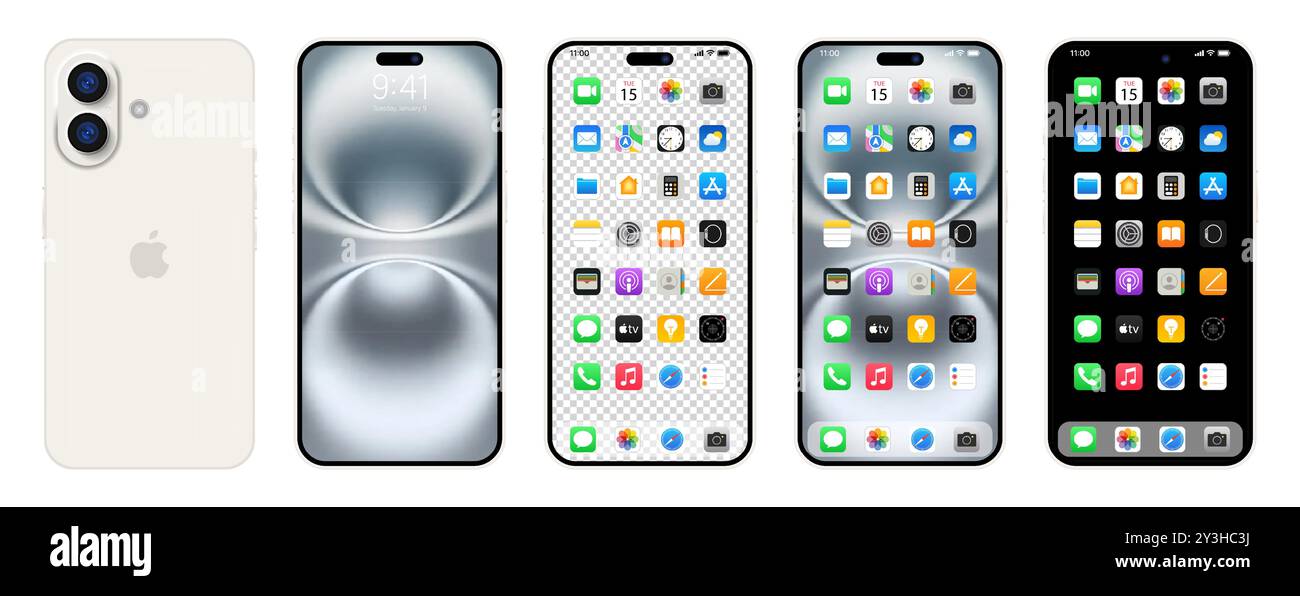 Nuovo iPhone 16 se bianco, Plus. Smartphone Apple inc. Con ios 15. Schermata bloccata, pagina di navigazione del telefono, home page con 47 app popolari. Editoriale. Illustrazione Vettoriale