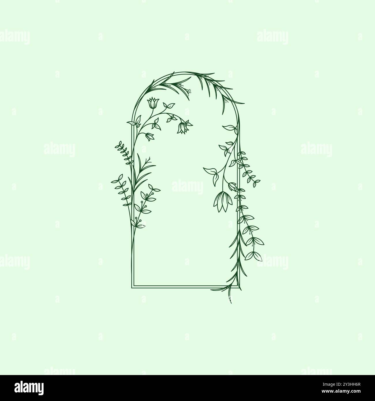 Modello con logo femminile disegnato a mano. Telaio femminile con fiori, piante, ramificazioni. Montatura con logo floreale per matrimoni, fioristi e boutique Illustrazione Vettoriale