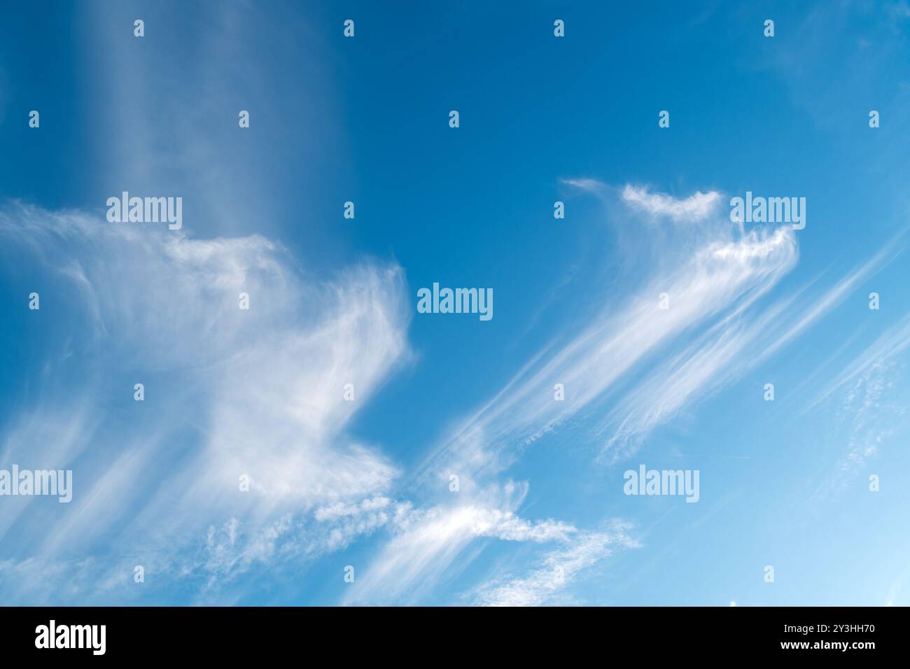 Chiazze di nuvole di Cirrus ad alta quota (code di Mare) contro il cielo azzurro Foto Stock