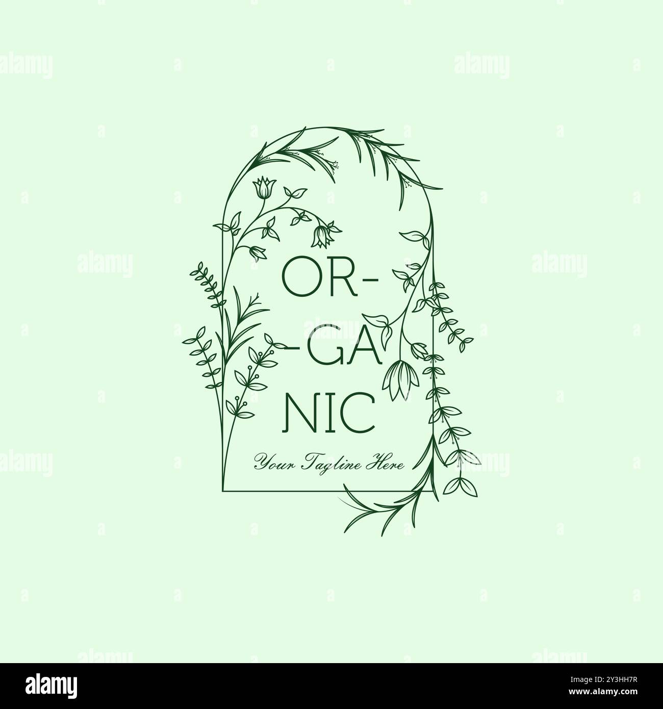 Modello con logo femminile disegnato a mano. Telaio femminile con fiori, piante, ramificazioni. Montatura con logo floreale per matrimoni, fioristi e boutique Illustrazione Vettoriale