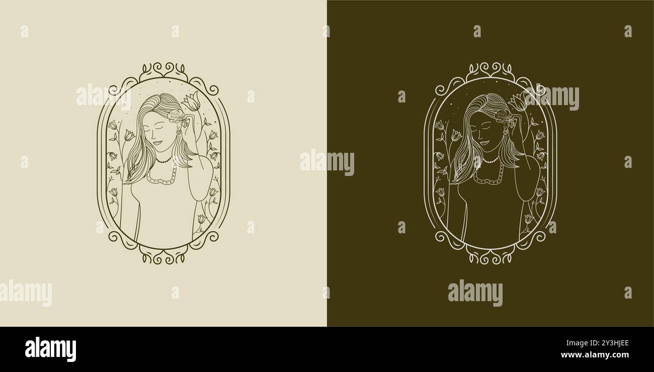 Design femminile con logo ART Woman. Logo femminile con elemento floreale e donna. Design con logo disegnato a mano Illustrazione Vettoriale