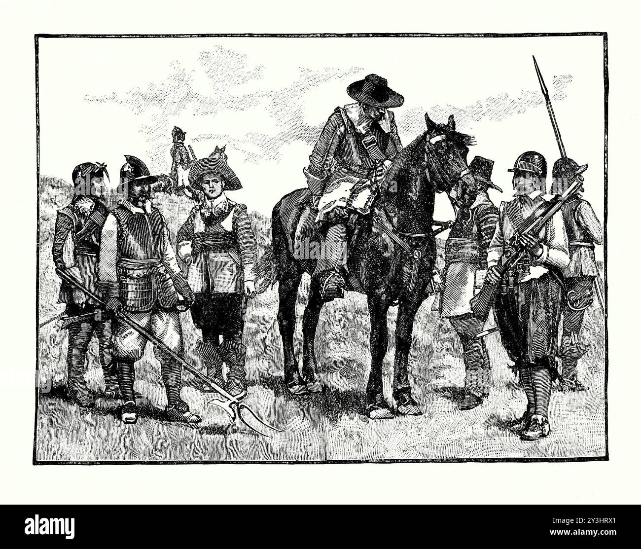 Una vecchia incisione delle uniformi indossate dai Roundhead durante la guerra civile inglese (1642-1651). È tratto da un libro di storia vittoriana del 1900 circa. Roundheads fu il sostenitore del Parlamento d'Inghilterra durante la guerra. Conosciuti anche come parlamentari, combatterono contro re Carlo i d'Inghilterra e i suoi sostenitori, noti come Cavaliers o Royalists, che rivendicavano il dominio della monarchia assoluta e il principio del diritto divino dei re. Le teste rotonde indossavano abiti semplici. Questo consisteva in una tunica in pelle, un casco in metallo e una piastra reggiseno in metallo per coprire il petto. Foto Stock