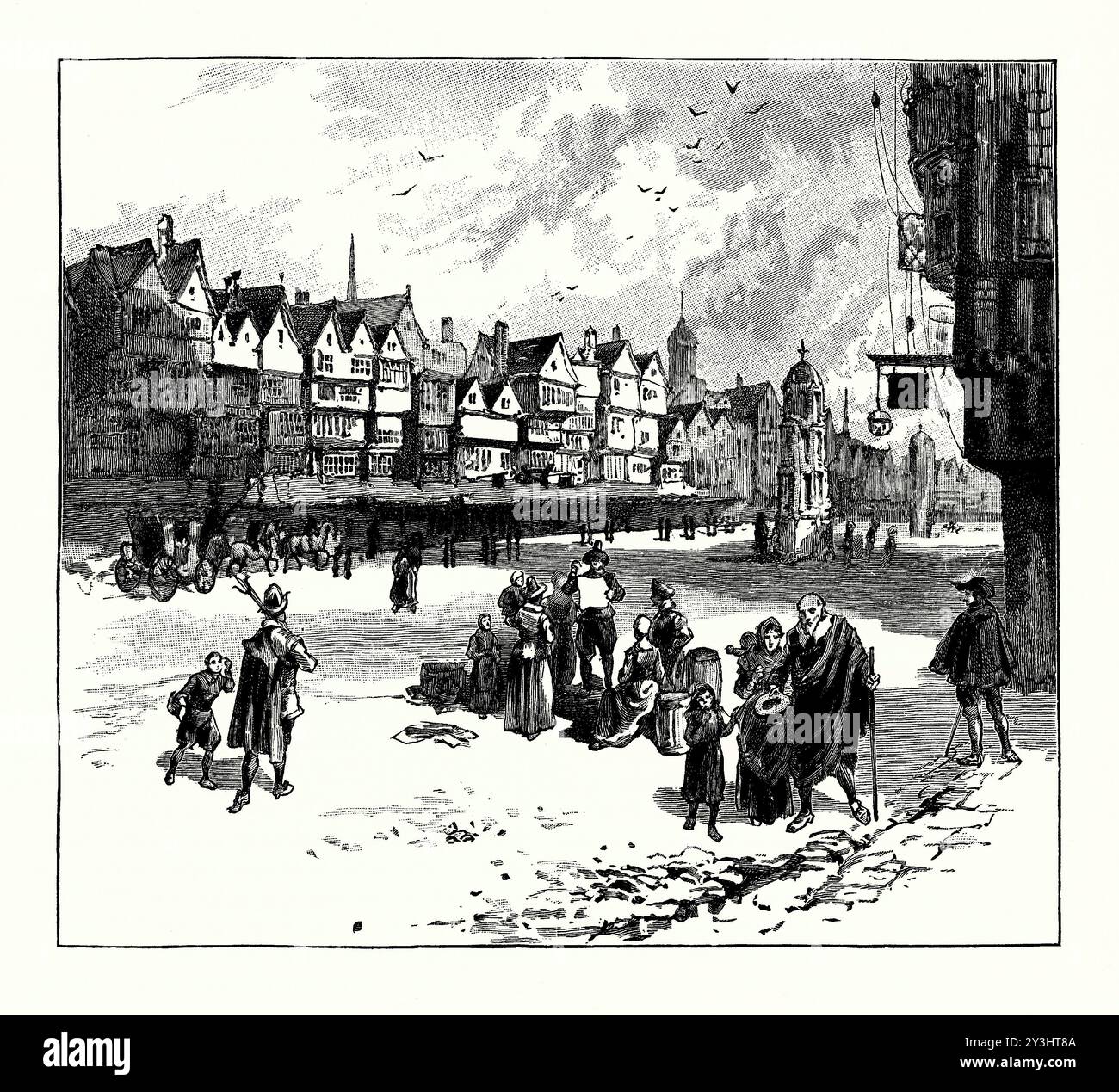 Un'antica incisione di Cheapside, City of London, Inghilterra, Regno Unito nel 1660 circa. È tratto da un libro di storia vittoriana del 1900 circa. La strada storica collega St Martin's le Grand con il pollame. Nel Medioevo era conosciuta come Westcheap. Cheapside era la sede centrale di uno dei mercati di Londra, a buon mercato che significa grosso modo «mercato» nell’inglese medievale. Molte delle strade che alimentano la strada principale prendono il nome dai prodotti venduti in quelle aree, tra cui Honey Lane, Milk Street, Bread Street e Poultry. Era la posizione di una delle Eleanor Crosses. Foto Stock