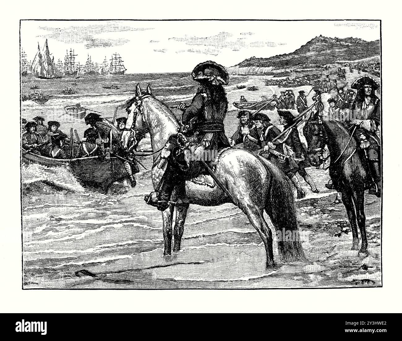 Una vecchia incisione dell'esercito francese che lasciò Torbay, Devon, nel Regno Unito, nel 1690, subito dopo aver attaccato la vicina Teignmouth. È tratto da un libro di storia vittoriana del 1900 circa. Durante la guerra dei nove anni una flotta francese utilizzò Torbay per lanciare il devastante attacco a Teignmouth. Dopo l'attacco, mentre la flotta francese pesava l'ancora e salpava oltre Berry Head. La guerra dei nove anni fu un grande conflitto di potenza europeo tra il 1688 e il 1697 tra la Francia e la grande Alleanza (composta da Inghilterra, Repubblica olandese, diversi stati tedeschi). Foto Stock