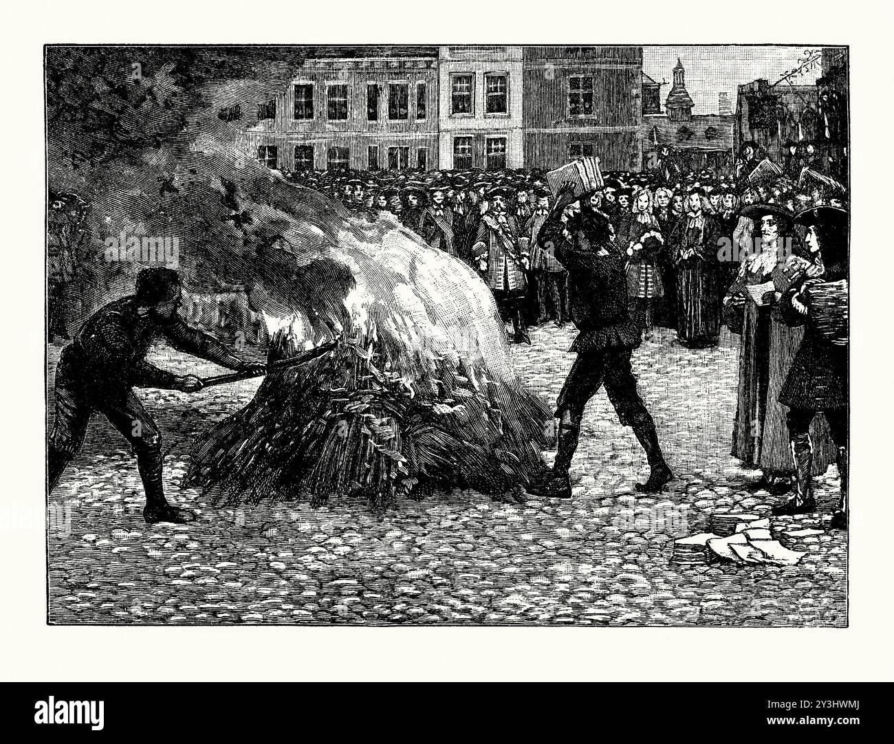 Una vecchia incisione dell'incendio dell'opuscolo di Blount da parte del boia comune, Londra, Inghilterra, Regno Unito nel 1695. È tratto da un libro di storia vittoriana del 1900 circa. Charles Blount (1654–1693) è stato un filosofo inglese che ha pubblicato saggi critici. Dipinse un quadro luride di come sarebbe stata la vita a Londra sotto il cattolicesimo romano. Questo lavoro è stato bruciato dal boia comune. Nel 1693 Blount pubblicò un opuscolo per sostenere la validità di Guglielmo e Maria. Nel 1695 il Parlamento discusse il lavoro e lo fece bruciare anche dal boia comune. Blount si era suicidato nel 1693. Foto Stock