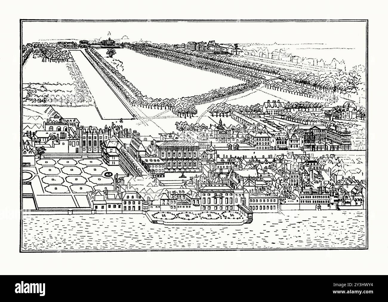 Un'antica incisione del Palazzo di Whitehall e dei suoi terreni, Londra, Inghilterra, Regno Unito all'inizio degli anni '1600 È tratto da un libro di storia vittoriana del 1900 circa. Il Palazzo di Whitehall - o White Hall - sulle rive del Tamigi a Westminster fu la residenza principale dei monarchi inglesi dal 1530 al 1698, quando la maggior parte delle sue strutture, con la notevole eccezione della Banqueting House di Inigo Jones del 1622, furono distrutte da un incendio. Enrico VIII spostò la residenza reale a White Hall dopo che i vecchi appartamenti reali del vicino Palazzo di Westminster furono distrutti da un incendio. Foto Stock