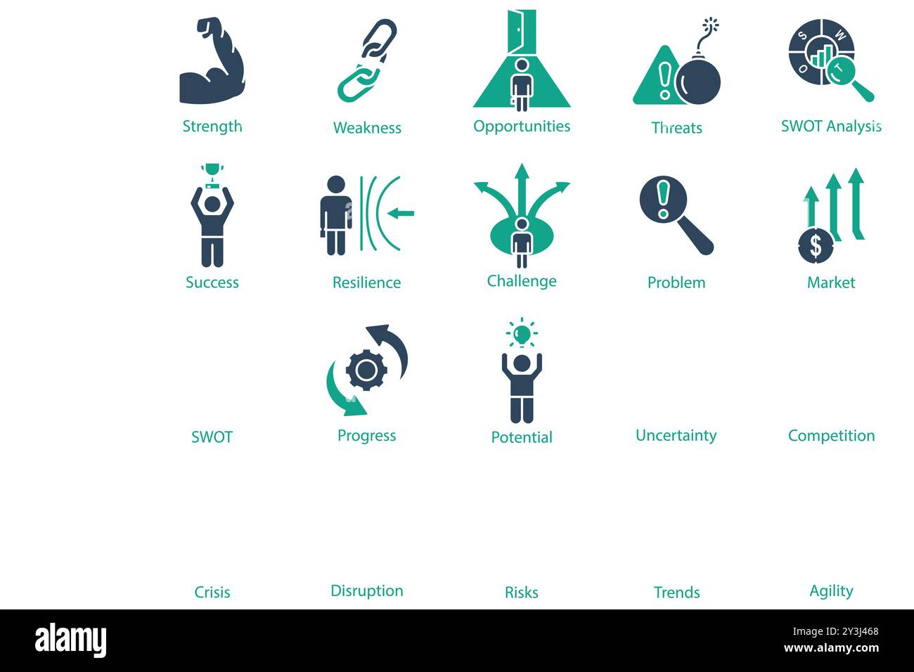 Set di icone SWOT. stile icona a tinta unita. icona relativa al business. forza, debolezza, opportunità e altro ancora. illustrazione vettoriale dell'elemento aziendale Illustrazione Vettoriale