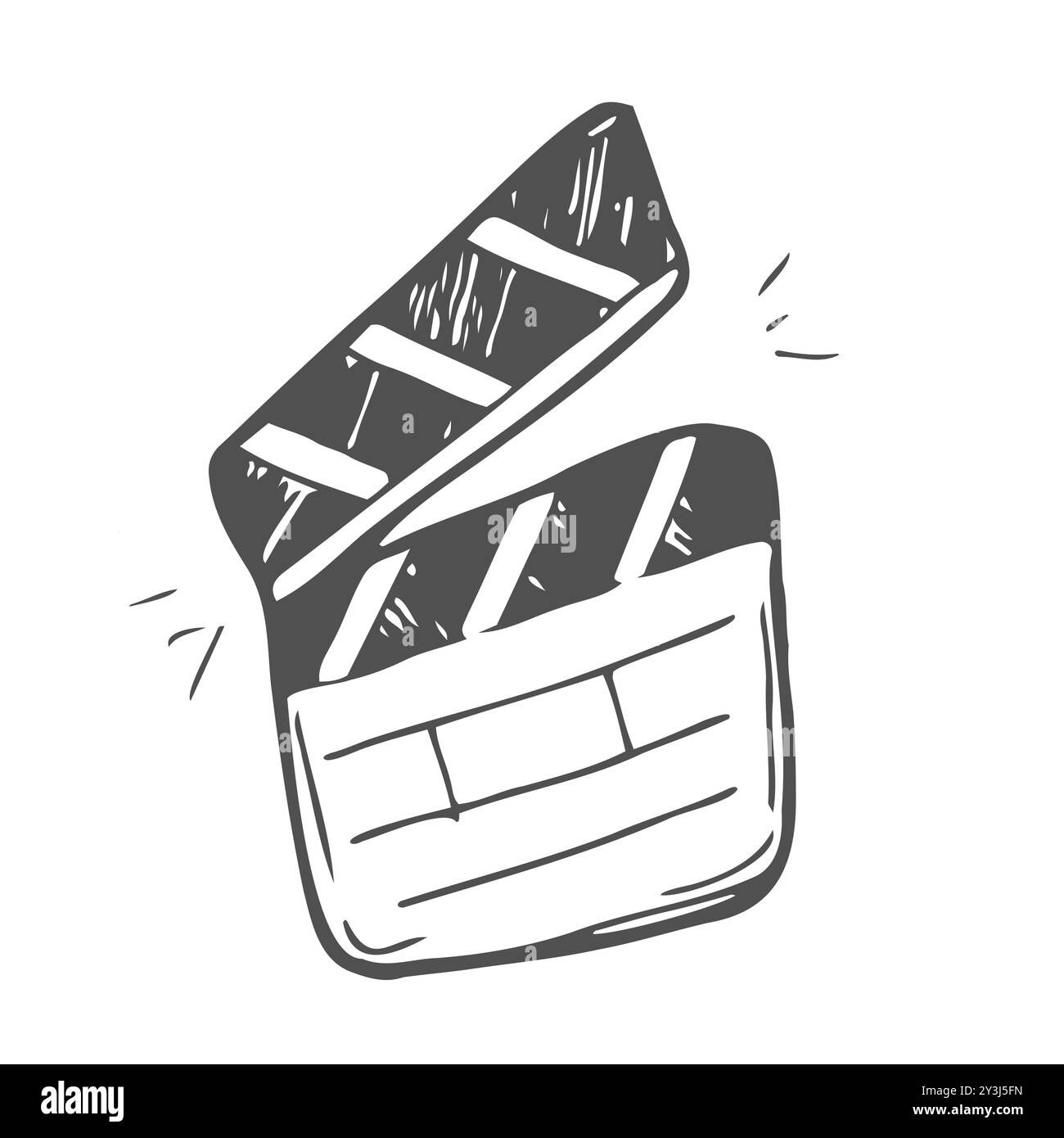 Icona a forma di scarabocchio del clapperboard filmato. Clapper per set cinematografici per la produzione cinematografica. Batti la tavola per iniziare la scena del video clip. Luci, macchina fotografica, azione disegnata a mano Illustrazione Vettoriale