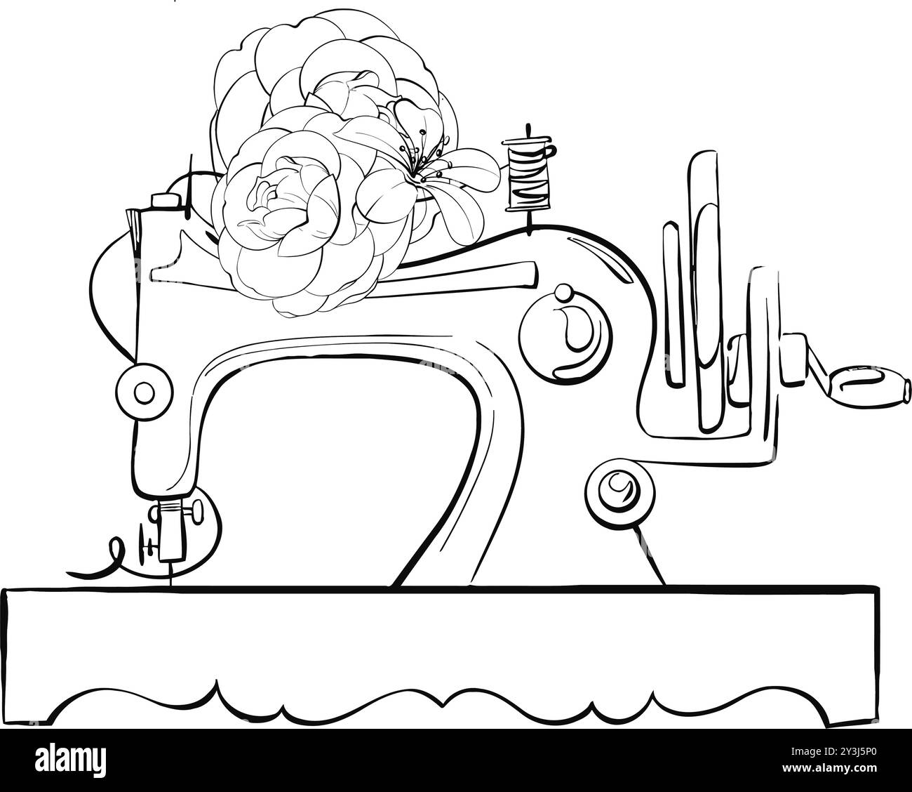 Macchina da cucire vintage per sartoria. Design degli abiti. Artigianato in stile retrò. Vintage Old-fashion, sartoriale per logo, cartolina, tessuto, stampa Illustrazione Vettoriale