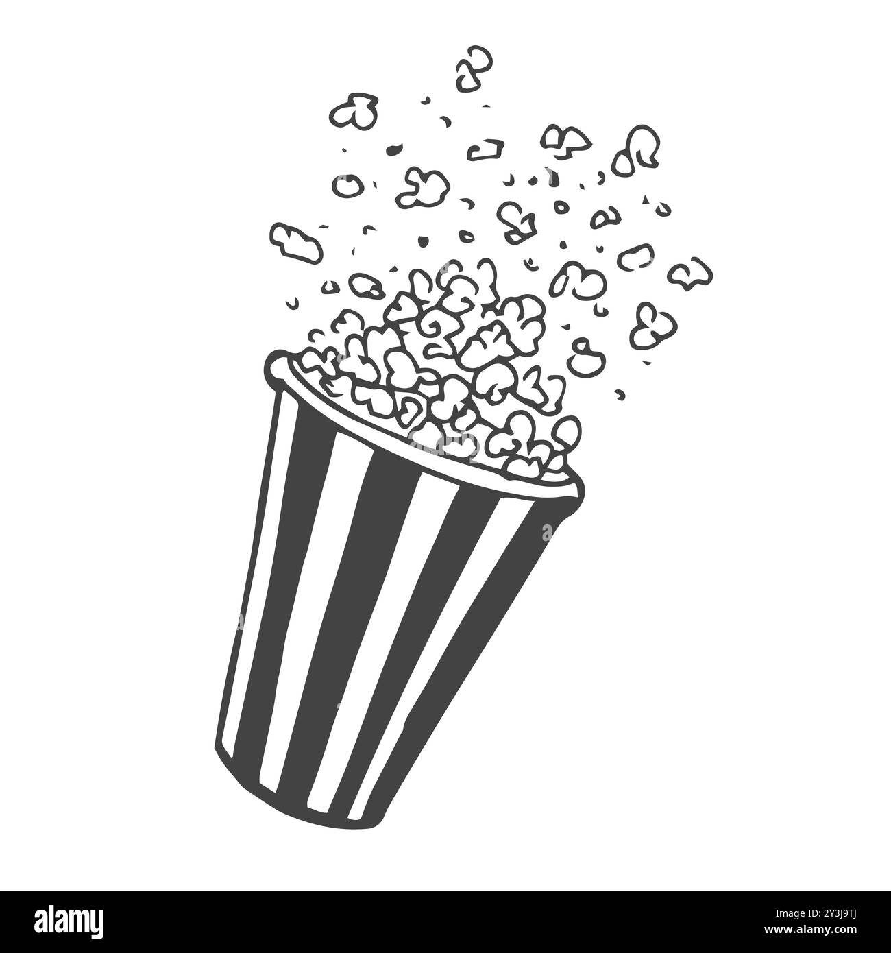 Icona dei popcorn a profilo. Illustrazione a cartoni animati disegnati a mano del cibo nel cinema. Simbolo americano dello spuntino in stile doodle. Grande tazza di carta a righe in alto Illustrazione Vettoriale