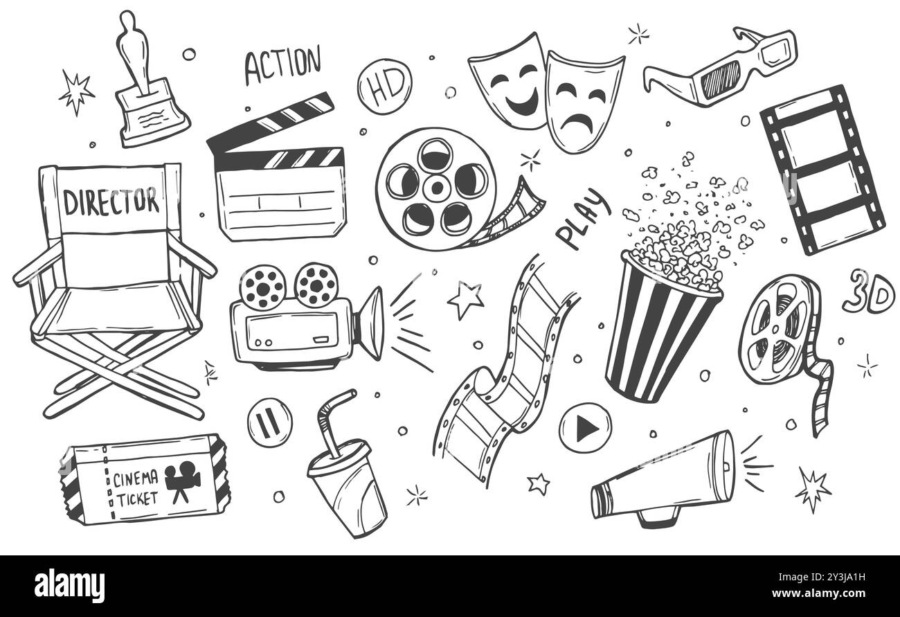 Set cinematografico Doodle disegnato a mano. Illustrazione vettoriale. Icone per la creazione di filmati. Collezione di simboli della pellicola. Elementi a mano libera per la fotografia: Fotocamera, nastro, p Illustrazione Vettoriale