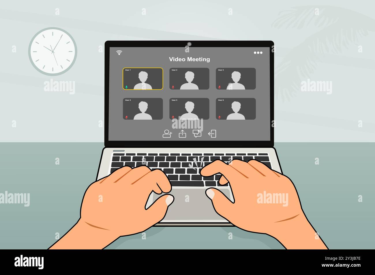 Uomo che utilizza un notebook per riunioni online o per imparare con una videoconferenza. Illustrazione vettoriale. Illustrazione Vettoriale
